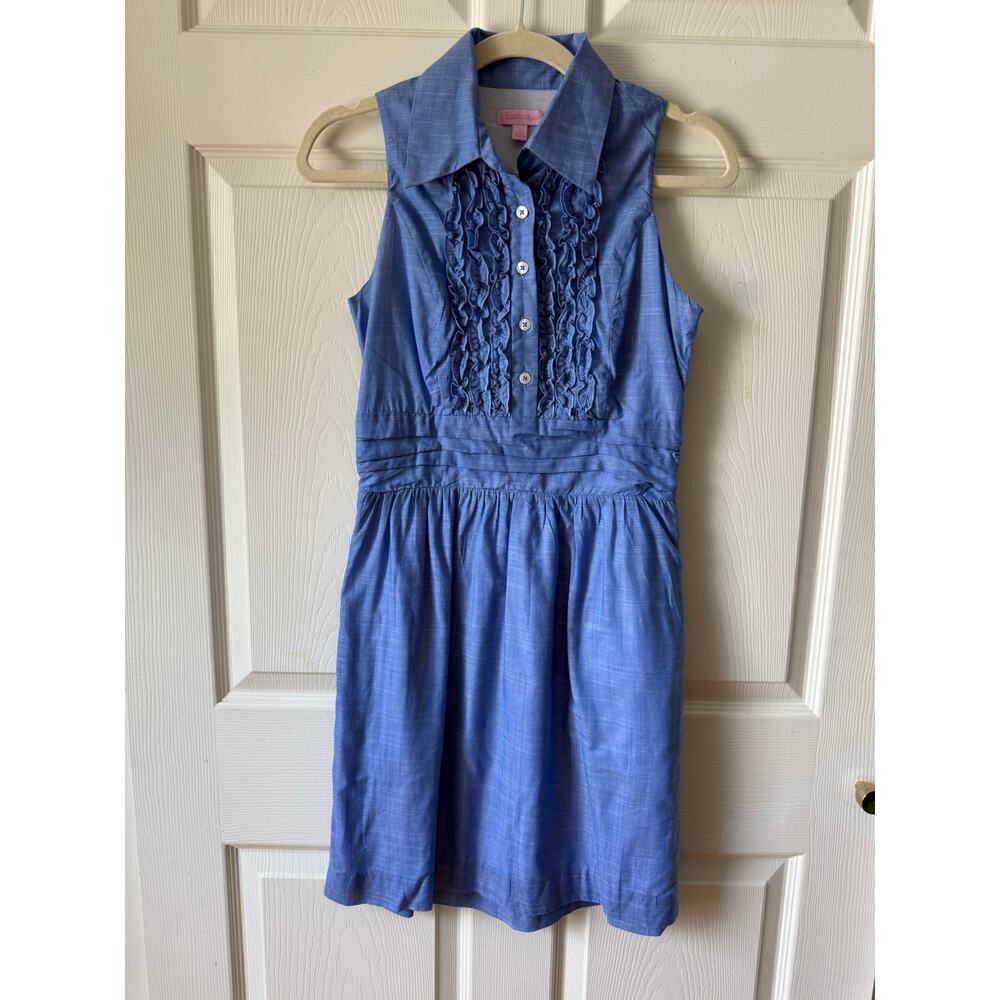 Lilly Pulitzer Blue Chambray Ruffle Shirt Dress Size 2 Pockets‎ Cottage Coastal